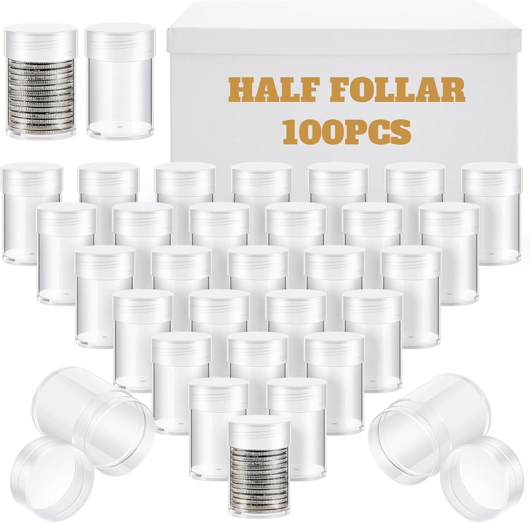Qunclay 100 Pcs Clear Half Dollar Tubes Half Dollar Coin Holders with Screw Lid Plastic Containers for Coins Collection Supplies