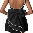 Mini Pearl Cocktail Dress with Bow Satin Evening Dress Backless Bodycon Formal Party Gowns AD045 (6, Black)