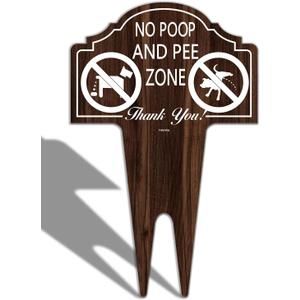 No Poop and Pee Zone Sign Double Sided Clean Up After Your Dog 14 x 10 Inches Yard Warning Sturdy Aluminum Weatherproof UV Protect Easy to Install (wooden,brown)