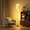 Fiqevs 3 Globe Floor Lamp Mid Century Modern, Gold Standing Lamp with Frosted Glass Shade & LED Bulbs, Tall Pole Light with Foot Switch for Living Room Bedroom Office - Antique Brass