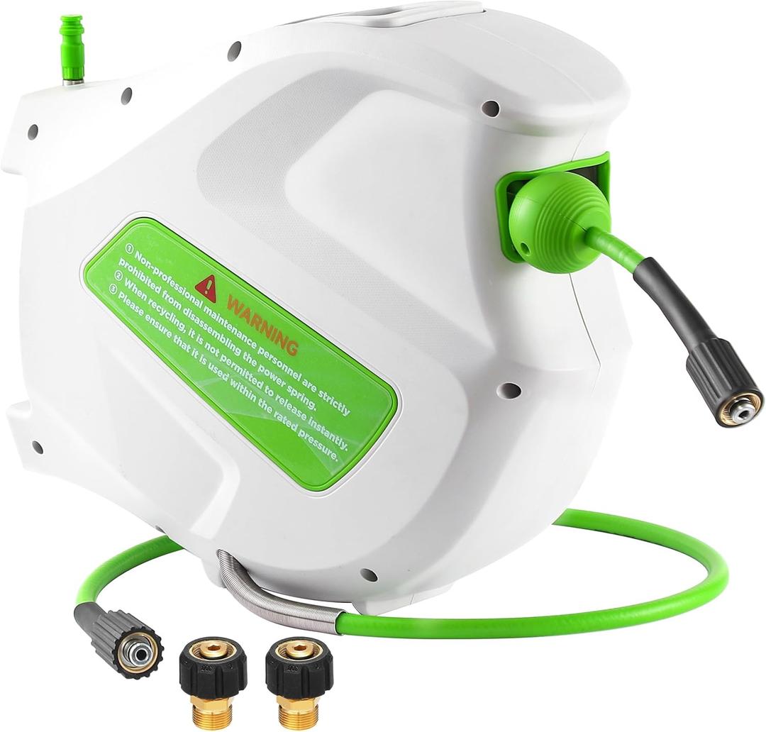 FIXFANS Pressure Washer Hose Reel with 1/4" 65ft Hose, Wall Mounted Retractable Power Washer Reel with Auto Rewind & Hidden Handle, 3600 PSI