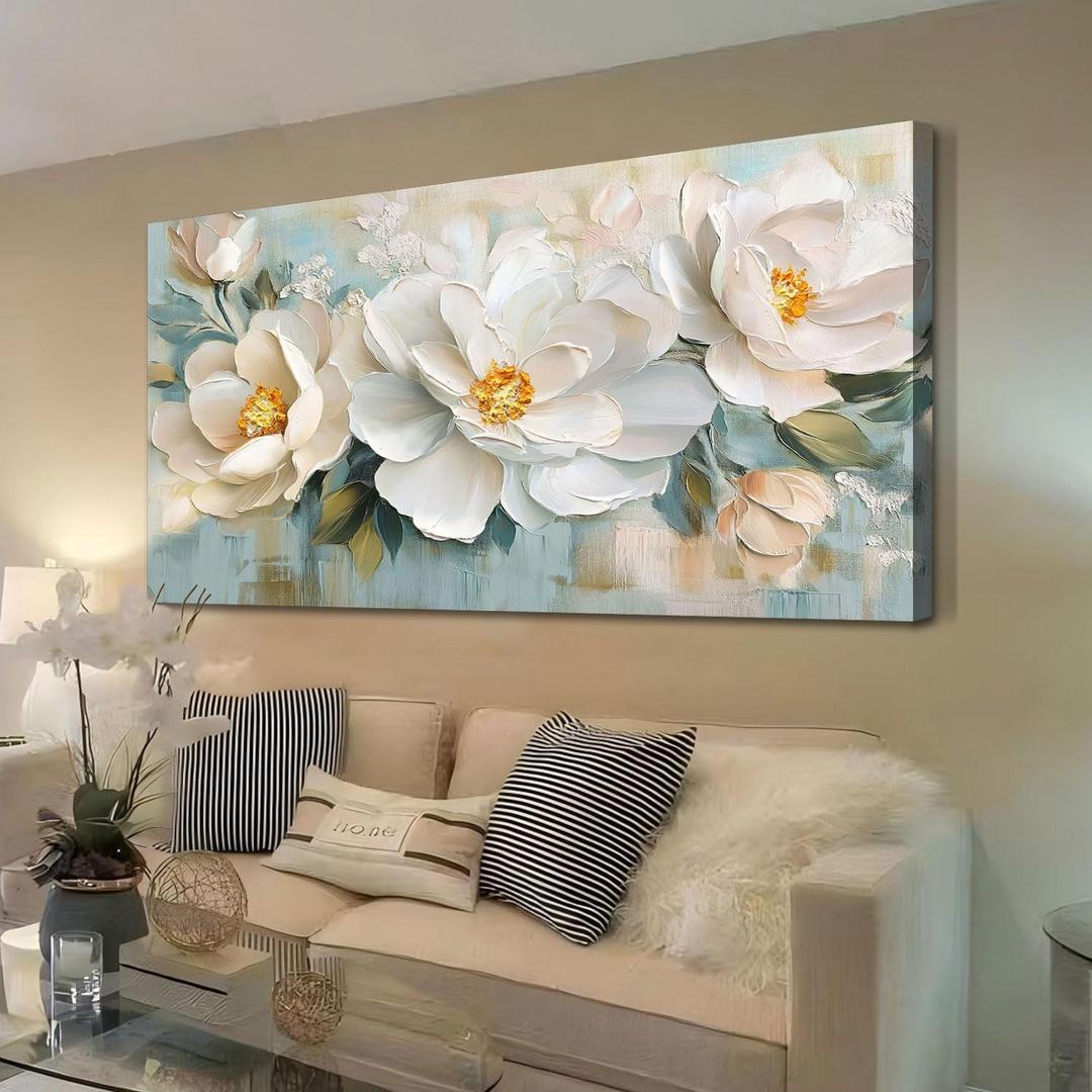 Enartly White Flowers Canvas Wall Art, Natural Plant Painting Textured Artwork for Living Room Bedroom Hallway Kitchen Dining Room Home Office Wall Decor, 48"x24"