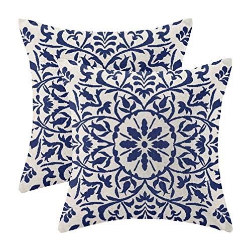 Gohdiwh Navy Blue Boho Pillow Covers 22x22 Set of 2, Bohemian Ethnic Carpet Pattern Design Decorative Throw Pillows Linen Blue Print Farmhouse Cushion Pillow Covers for Sofa Couch Outdoor Decor