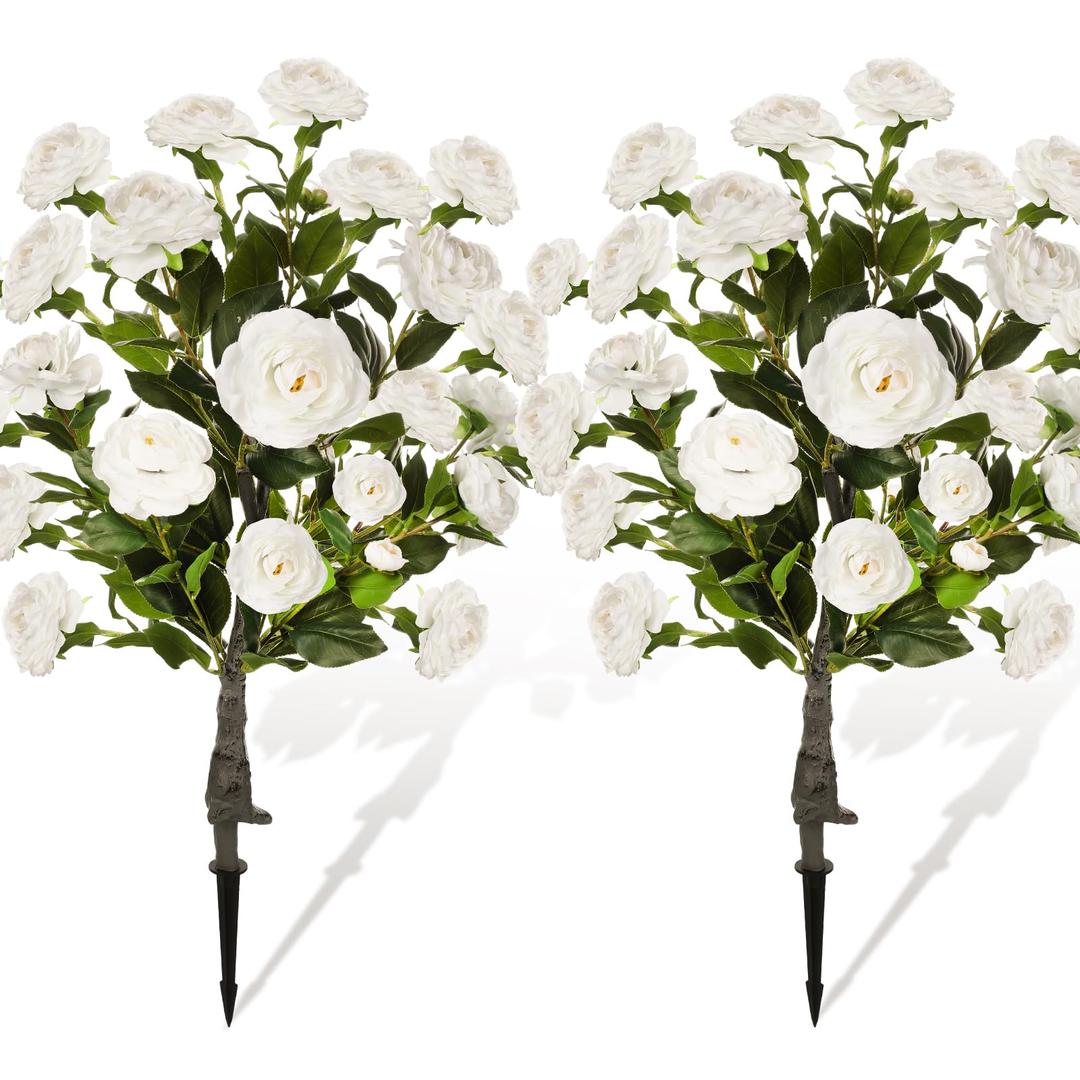 Lunmon 2 Pack 3ft Artificial Camellia Plants Tree 36" Faux Camellia Flower with Spike UV Resistant Realistic Fake Floral Blooming Bush for Indoor Outdoor Front Door Porch Backyard Garden, White