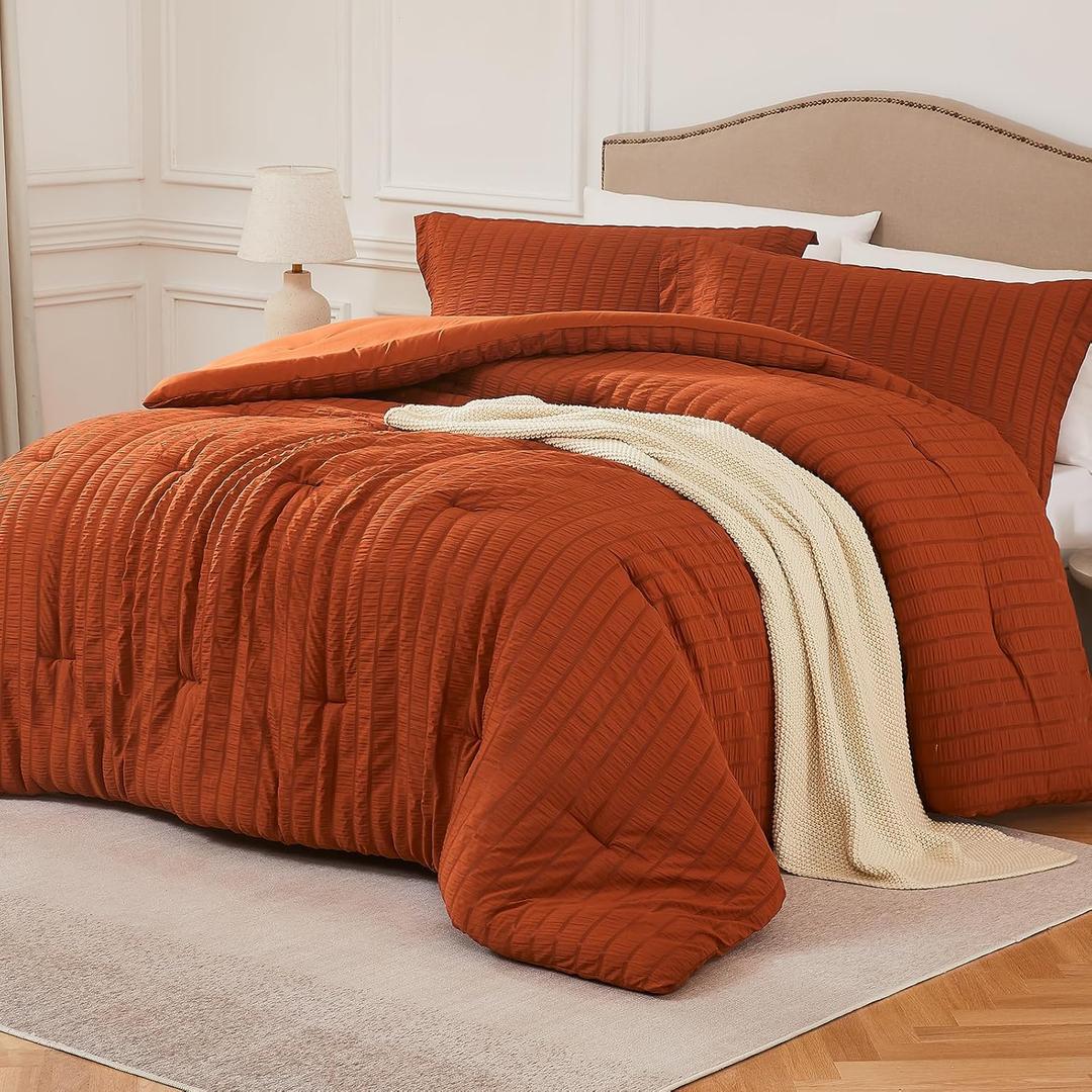 Terracotta Oversized Queen Comforter Set - 3 Pieces Seersucker Lightweight Bedding Comforter Sets (1 Soft Fluffy Comforter & 2 Pillowcases) - All Seasons Cozy Modern Bed Sets for Women Men (Queen XL (98''*98''))