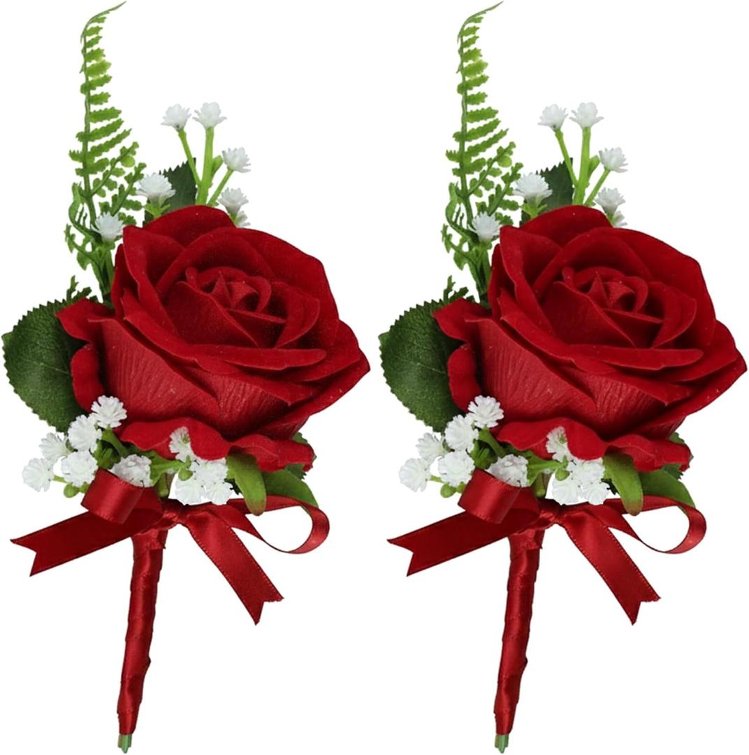 Rinlong 2Pcs Red Rose Boutonnieres with Pins for Groom, Groomsmen | Fall Wedding, Prom, Homecoming
