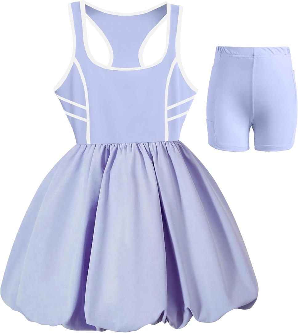 Girls Dress Sleeveless Tennis Dress Bubble Tank Dress Summer Casual Sundress Golf Sports with Shorts Pockets (12-13 Years, Blue)