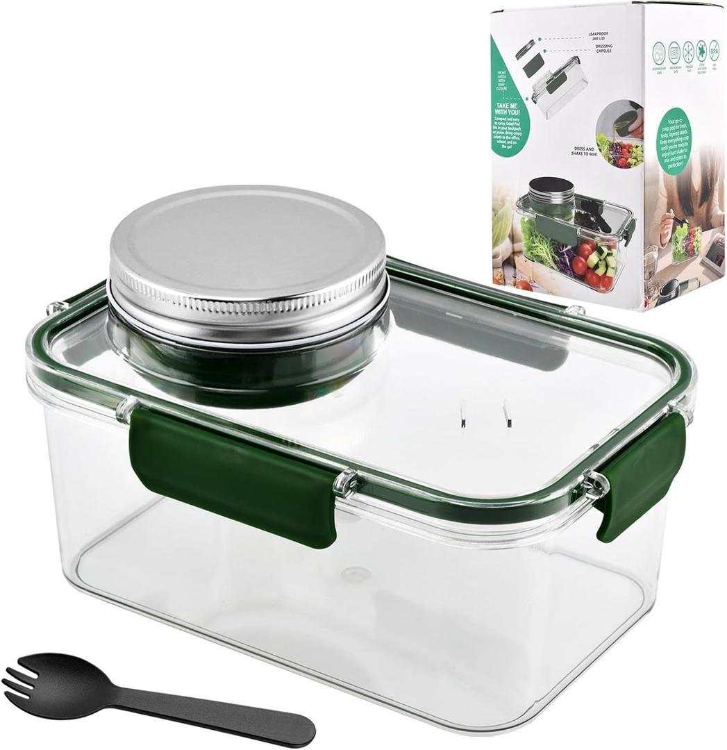 1000ML Upgrade Salad Container with Dressing Cup&Fork, Leakproof Airtight Salad Pod, Dishwasher Safe, 8.275.54.33in Compact Meal Prep Container for Office Picnic Work Travel