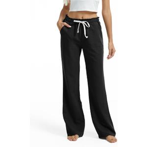 SEVEGO Tall Women Casual Linen Pants 30"/32"/34"/36" Inseam Drawstring Smocked Waist Beach Summer Trousers with Pockets (Medium, Black)