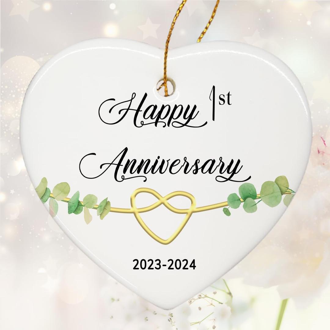 3 x 1 Year Anniversary Ornament, 1st Anniversary Decorations for Couple, 1st Wedding Anniversary Ornament Keepsake Sign - Heart Plaque - Christmas Ornament Gifts for Couple Her Him Wife Husband