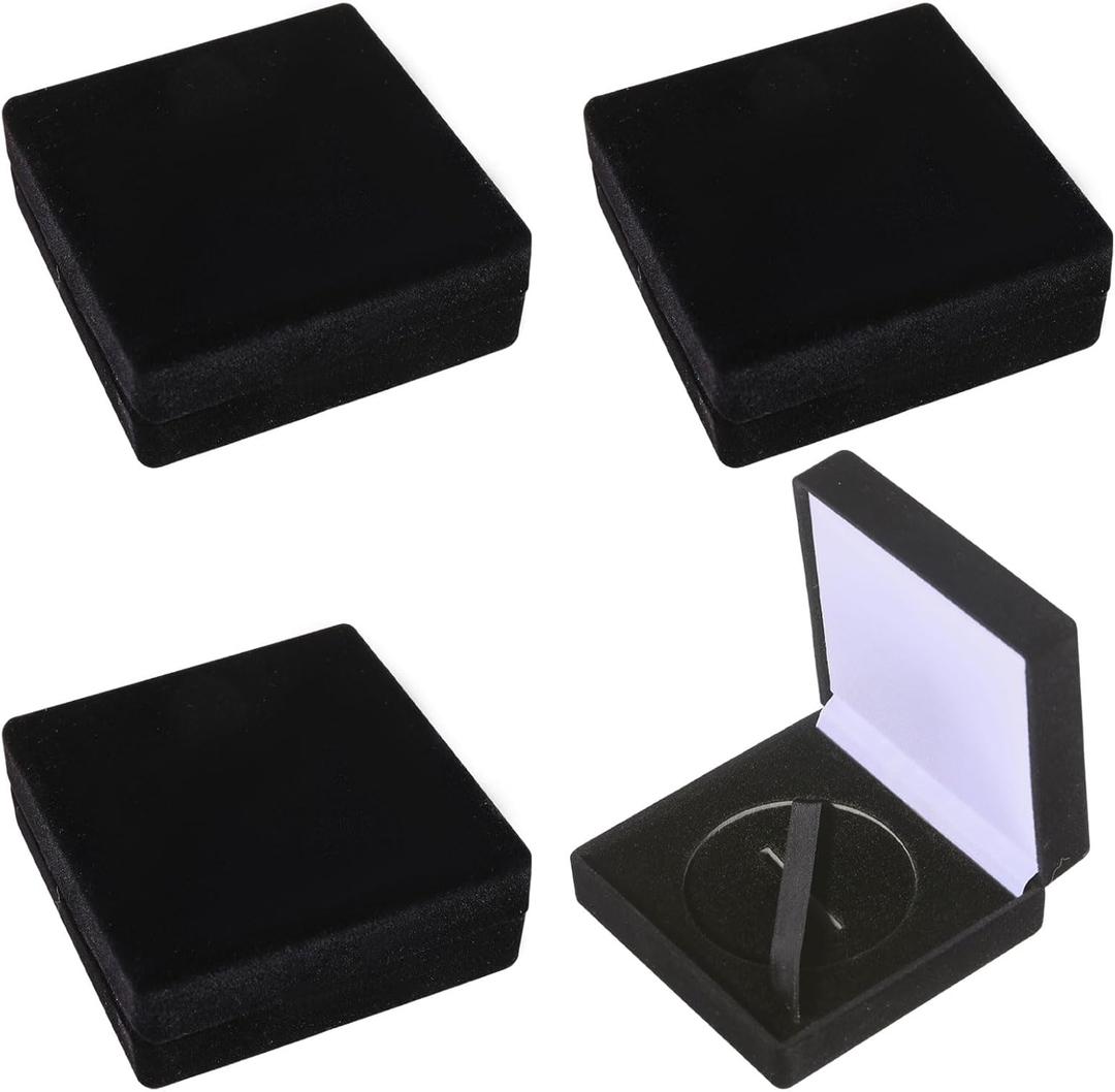 4Pcs Coin Display Case 51mm Velvet Black Challenge Coin Storage Presentation Box for Commemorative Coins Medals Emblem Badge Lapel Pin, 1 Slot