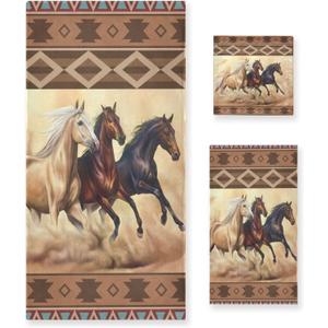Boho Bath Towels Set of 3,Azetc Ethnic Style Western Horse, Decoractive Bathroom Towels Set 1 Bath Towel,1 Hand Towel,1 Washcloth, Soft Shower Towels for Bathroom Beach Gym Spa