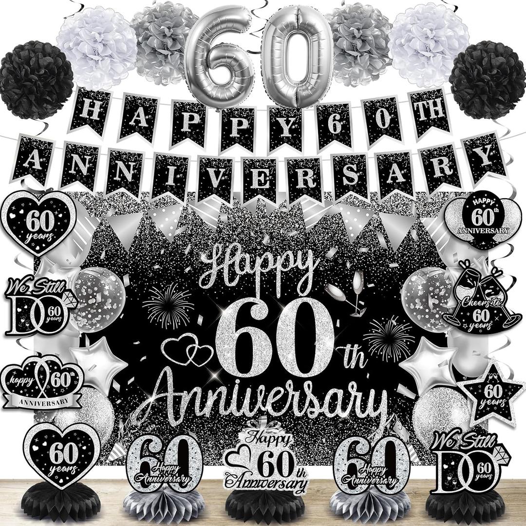 60th Wedding Anniversary Decorations Black Silver Happy 60th Anniversary Banner Backdrop Honeycomb Centerpiece Hanging Swirls Poms for Men Women 60 Years Diamond Wedding Anniversaries Party Supplies