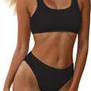YIMISAN Women's Ribbed Two Piece Bikini Sets Wide Shoulder Strap Top Swimsuit with Mid Waist Cheeky Bathing Suit
(XS)
