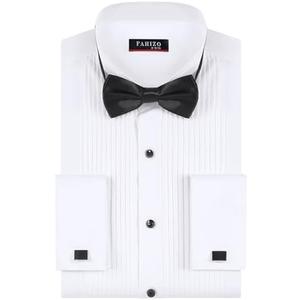 FAHIZO Men's White Tuxedo Shirt with Wing Collar, French Cuffs & Accessories, Size L