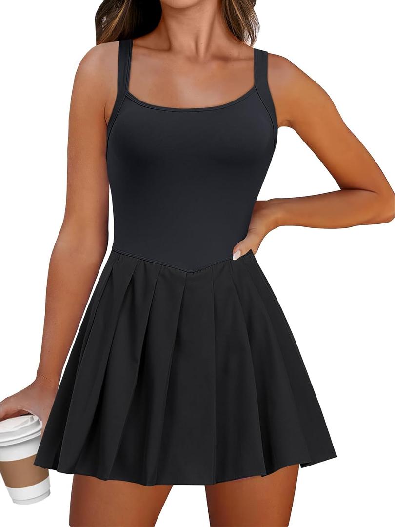 ANRABESS Women's Tennis Athletic Pleated Summer Mini Dress 2026 Golf Workout Build in Shorts Casual Romper Short Sundress (Black, L)