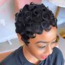 Short Layered Pixie Cut Wig Human Hair Wear and Go Glueless Curly Human Hair Wigs With Bangs for Women Full Machine Made None Lace Front Wigs Human Hair Natural Black Color (4 Inch)