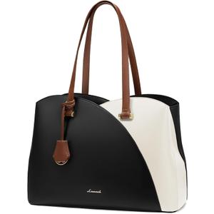 LOVEVOOK Laptop Tote Bag for Women, Work Bags Laptop Bag Teacher Tote Bag, Leather Computer Bag Large Purses Handbag Professional Briefcase, Black-Beige-Brown, 15.6 Inch