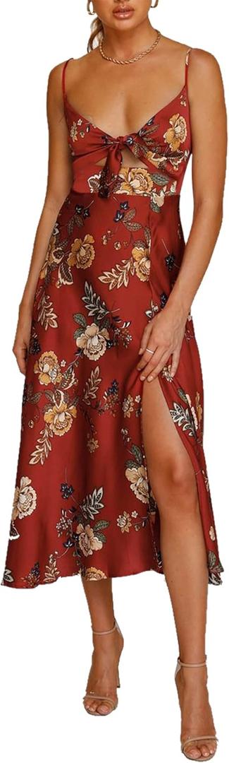 Fashionme Women Spaghetti Strap Midi Satin Dresses Tie Front Backless Split Hollow Dress (X-Large, Maroon)
