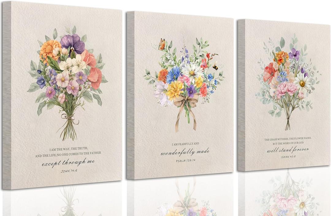 3Pcs Christian Floral Scripture Canvas Wall Art Boho Wildflowers Bible Verse Painting Picture Wall Decor Inspirational Psalms Poster Print Artwork for Living Room Bedroom Home Decoration 12x16in