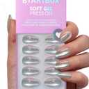 BTArtbox Press On Nails Short - Chrome Cat Eye Almond Press On Nails with Glue for Women, Opaque Soft Gel Glue On Nails in 16 Sizes - 32 Stick On Nails Kit, Chaos Chrome