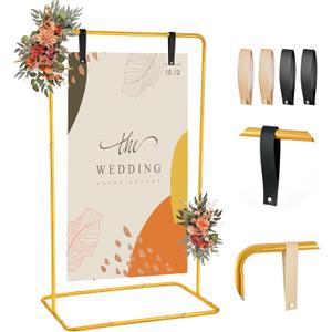 Wedding Welcome Sign Stand, 68x31x 20 Heavy Duty Easel Stand for Sign with 4 Leather Strap, Welcome to Our Wedding Sign Holder, Metal Floor Standing Easels for Signs, Poster, Gold