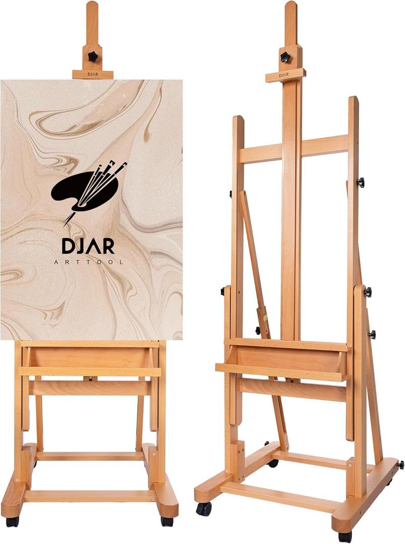 DJAR H-Frame Easel for Painting, Height & Tilt, Extra Large Adjustable Solid Beechwood Art Easel for Artists, Hold Canvas up to 82", Movable with 4 Silent Locking Wheels, Natural