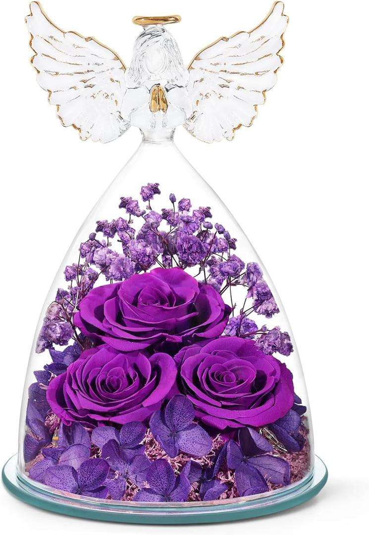 Preserved Flower Rose Gifts for Women, Forever Eternal Fresh Flowers in Glass Angel Figurines Flowers for Delivery Prime Purple Roses for Grandma Mom Sister Her Wife on Mothers Day Birthday Christmas (Classic Purple (Rose, Baby's Breath, Hydrangea))
