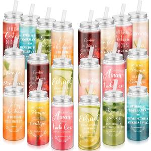 LemonRoad 20 Pack Christian Gift Mother's Day Religious Cups Bulk 13.5 oz Bible Verse Plastic DIY Mason Jar Cups with Straw Lid Reusable for DIY Craft Church Coworker Employee Gift Decoration(Spanish)