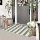 Boho Striped Front Door Mat Outside Entrance 2x4.3,Green and White Washable Porch Rug Runner,Cotton Hand Woven Indoor Outdoor Rugs,Foldable Farmhouse Layered Door Mats for Entryway
