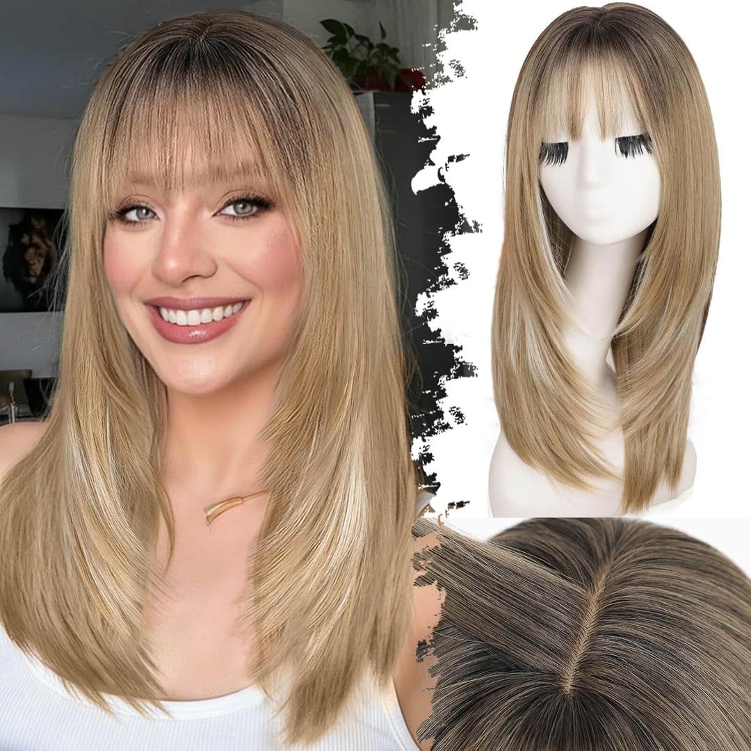 Eawwii Beginner-Friendly Wig with Bangs for Women Ash Blonde Mix Platinum Highlights Straight Face-Framing Layers Hairstyle 4x4 Realistic Scalp Glueless Synthetic Wigs Medium Length for Everyday Use