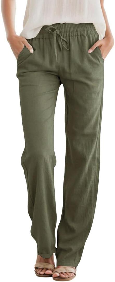 SEMARO Women's Casual Linen High Waist Pants Drawstring Loose Fit Summer Pants Trousers with Side Pockets (Small, Army Green)