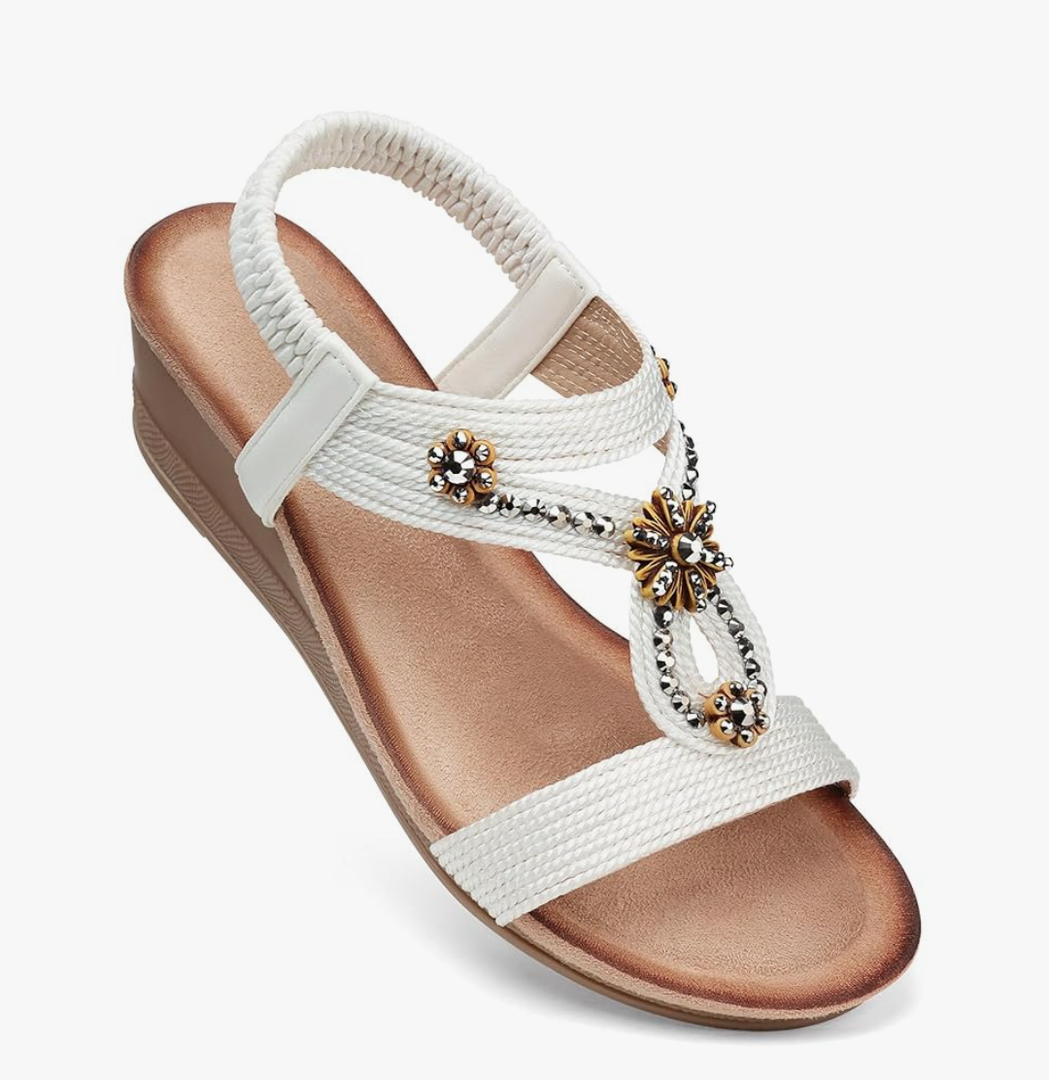 SHIBEVER Womens Wedge Sandals Flower Low Heel Dressy Sandals Elastic Ankle Strap Rhinestone Summer Comfortable Shoe Size 8