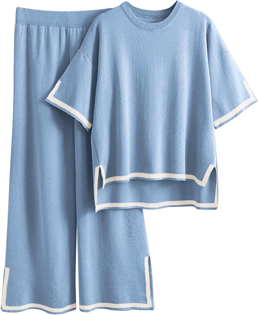 Tanming Sweater Sets Women 2 Piece Lounge Sets Short Sleeve Knit Pullover Tops Wide Leg Pants (Medium, Light Blue)