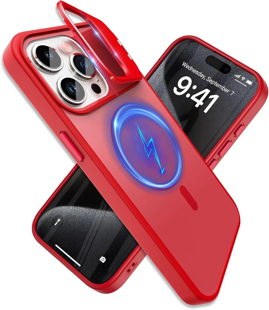 YFEMLAZ for iPhone 15 Pro Max Case(Built-in Invisible Kickstand) Heavy Duty MagneticCompatible with MagSafe Military-Grade Drop Protection,Translucent Matte for iPhone 15 Pro Max Case 6.7",Red