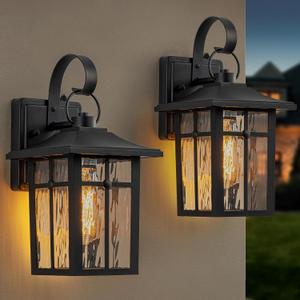 2 Pack Dusk to Dawn Outdoor Wall Lights, Aluminum Exterior Light Fixtures Wall Mount with Ripple Glass, Waterproof Black Porch Lights, Outside Wall Lantern for Entryway, Garage, Patio