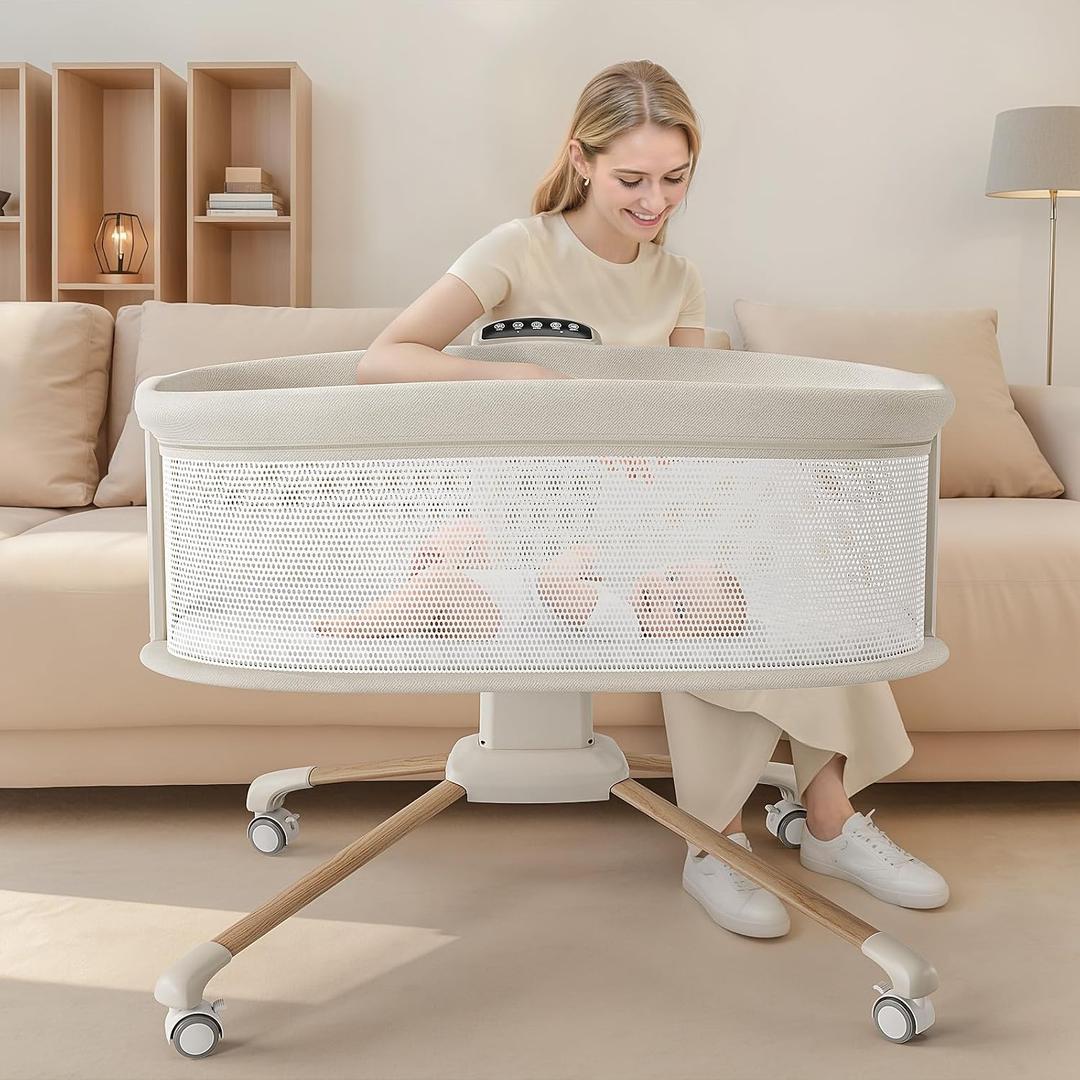 TinyGlow Electric Smart Soothing Baby Bassinet with 5 Rocking Speeds, 3 Timer Modes, 12 Soothing Musics, 3 Adjustable Heights, Breathable Mesh Sides and Mosquito Net