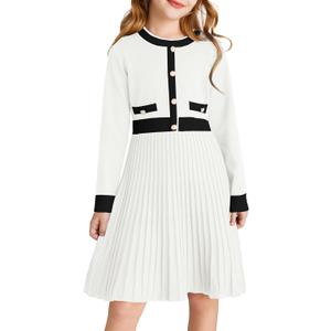 GRACE KARIN Girls Sweater Fall Dress Long Sleeve Knit A Line Contrast Casual Winter Dresses 6-14Y (Ivory)