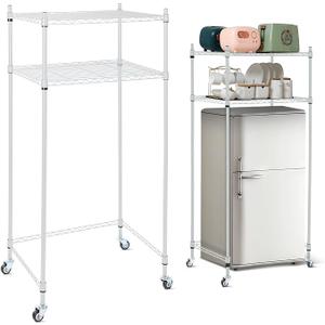 Tandefio 2 Tier Mini Fridge Stand with Storage for Dorm Microwave Stand Over Mini Fridge Storage Shelf with Wheels Adjustable Height Organizer for Kitchen College Rooms Pantry(White)
