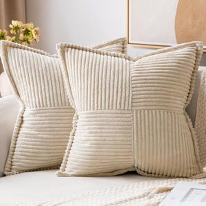 MIULEE Decorative Throw Pillow Covers for Couch Bed Livingroom 18x18 Inch Set of 2 Beige Boho Accent Throw Pllows Broadside Striped Patchwork Soft Corduroy Pillowcases