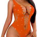 Avidlove Rhinestone Bodysuit Tops Sparkle Fishnet Lingerie Sexy Outfit for Women Mesh Body Suit Teddy Lingeries (Orange)