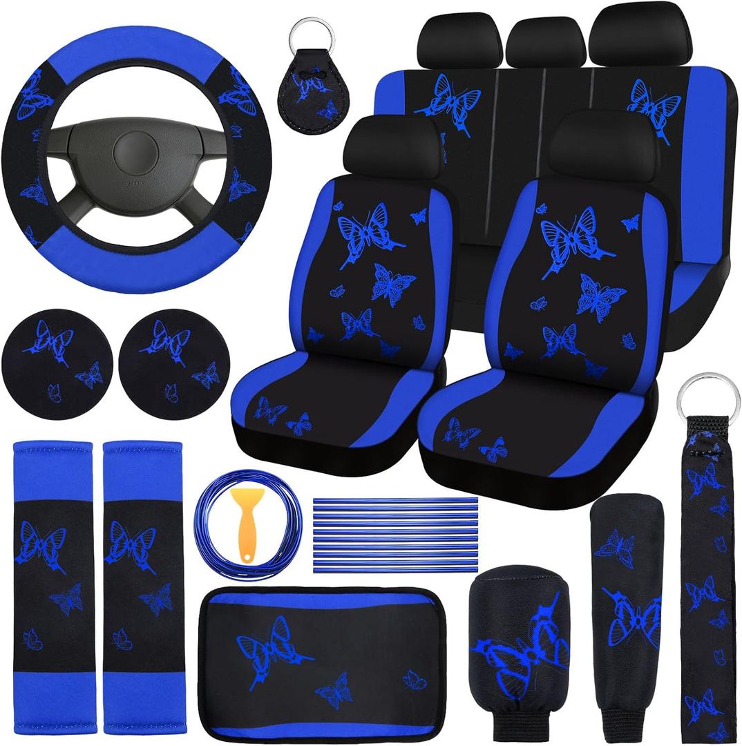 BBTO 43 Pcs Butterfly Car Seat Full Set Butterfly Car Accessories for Women 5 Front Rear Seat Covers Wrist Strap 2 Pcs Cup Mat Armrest Pad 2 Belt Xmas Cover Accessories for SUV(Blue, Black)