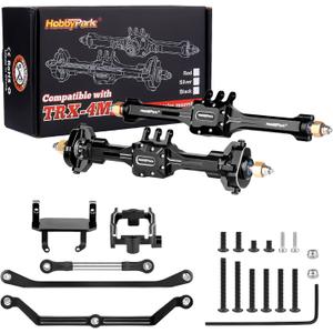 HobbyPark +10mm Extended Portal Axle Complete Set with Servo Mount & Links Built-in Metal Steel Gears for 1/18 TRX4M Defender Bronco K10 F150 High Trail Upgrades, Front and Rear (Black)