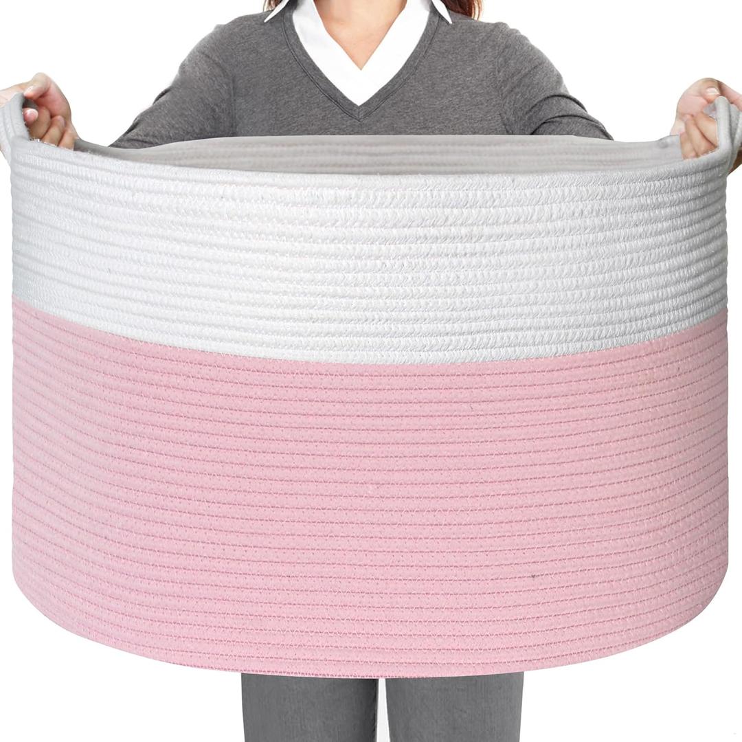 Extra Large Storage Basket - 23.6" x 23.6" x 14.1" Pink Blanket Basket Living Room, Soft Toy Baskets Storage Kids Dogs, Cotton Rope Woven Toy Storage Bin Box, Throw Pillow Holder Organizer (White and Pink)