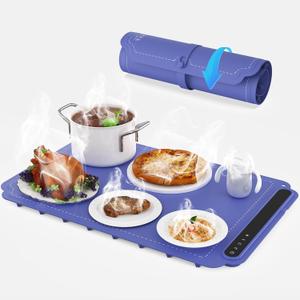 Blue Warming Tray, Rollable & Portable Electric Food Warming Mat with 7 Adjustable Temperature Levels, Full Surface Heating, Auto Shut-Off Function for Buffets