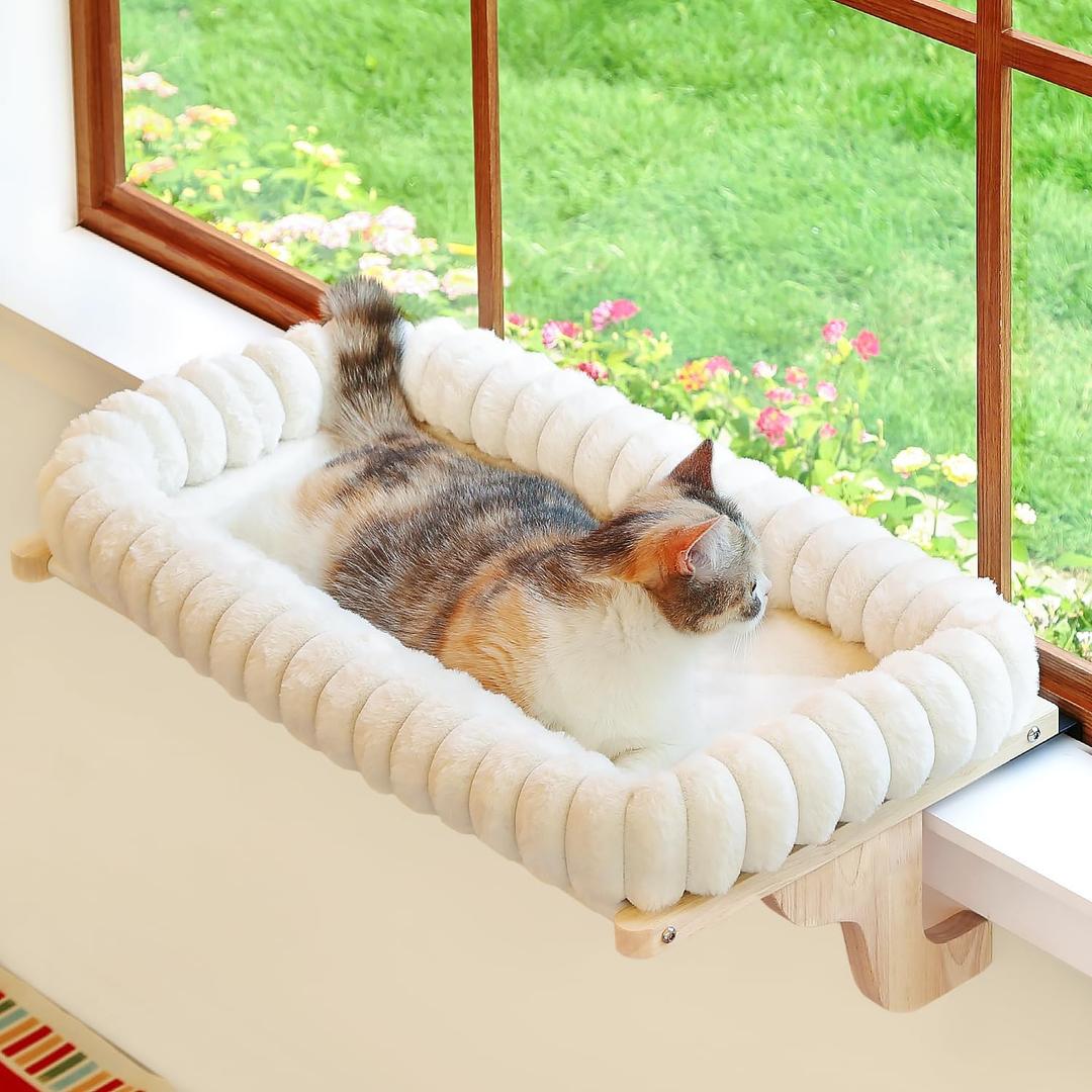 Zakkart SnugCloud Cat Window Perch with 4-Sided Bolster - Orthopedic Cat Hammock for Window Sill - Solid Hardwood & Metal Frame - Window Seat for Pets (Natural Color Wood w/White Bed, Medium) (Medium (22"x15"))