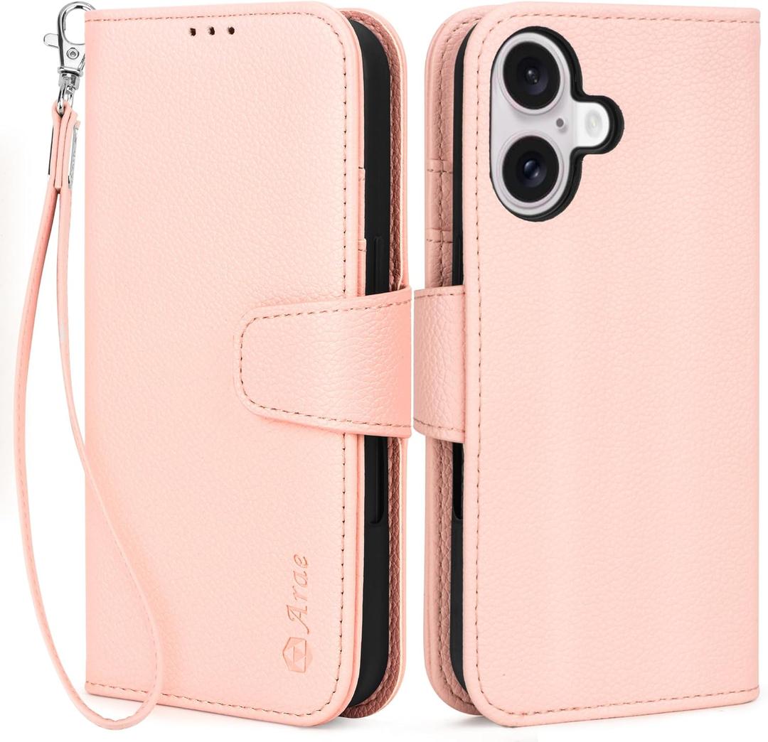 Arae Compatible with iPhone 16 Case Wallet with Card Holder, Wristlet Strap Wallet Flip Cover for iPhone 16 6.1 inch Men/Women, RFID Blocking, Kickstand, Litchi Pink Arae Compatible with iPhone 16 Case Wallet with Card Holder, Wristlet Strap Wallet Flip Cover for iPhone 16 6.1 inch Men/Women, RFID Blocking, Kickstand, Litchi Pink