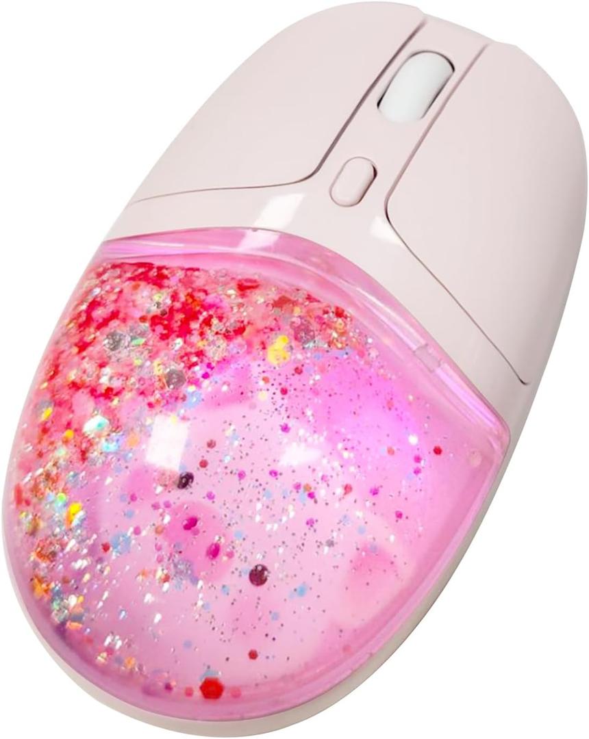elec Space Wireless Bluetooth Mouse -Cute Clear Aqua Design, Glitter Liquid Sand Water Mouse with Optical Precision, Silent Clicks, LED Breathing Light,Transparent Retro Style for Home Office (Pink)