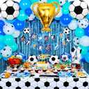185 PCS Soccer Birthday Party Decorations, Soccer Theme Party Decorations Includes Soccer Balloons, Curtains, Happy Birthday Banner, Tablecloth, Plates, Napkins, Cake Toppers for Boys Party
