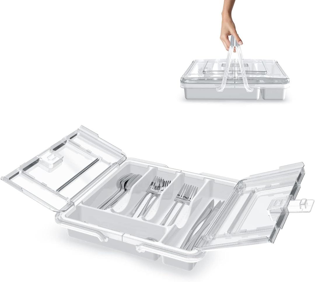 Silverware Organizer with Lid for Drawer, Plastic Utensil Holder for Countertop, Flatware Organizer Cutlery Tray with Cover 5 Compartments (Wing Lid-White)